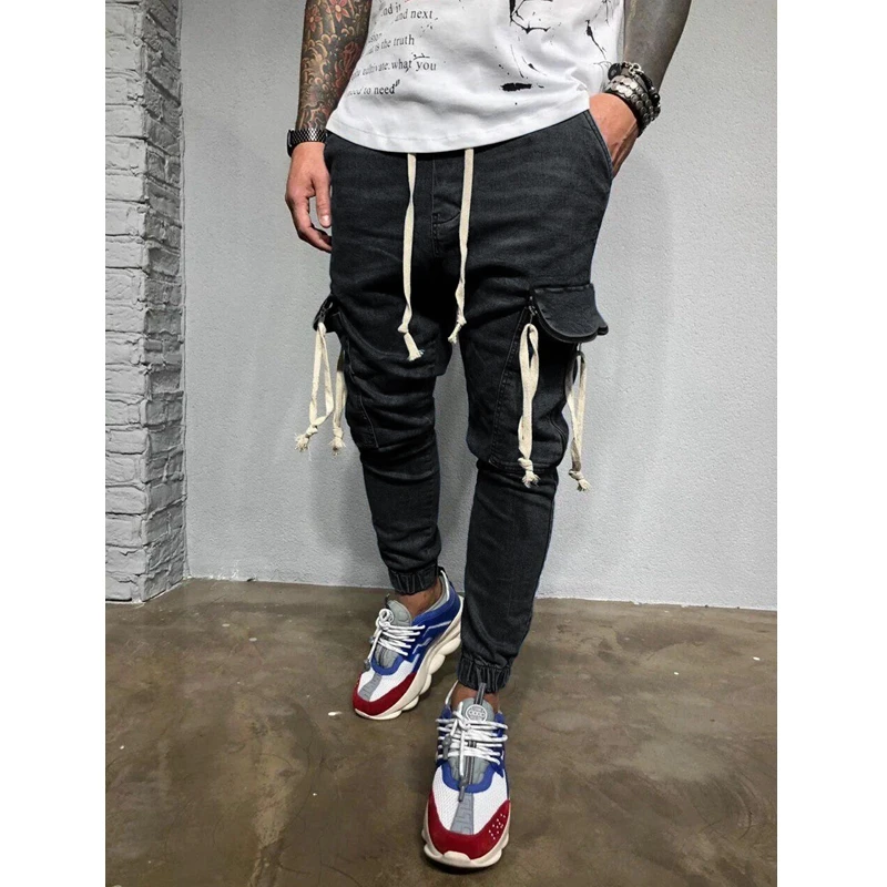 

Джинсы мужские с карманами, винтажные повседневные брюки-карандаш из денима со средней талией, на молнии, со шнуровкой, спортивные комбинез...