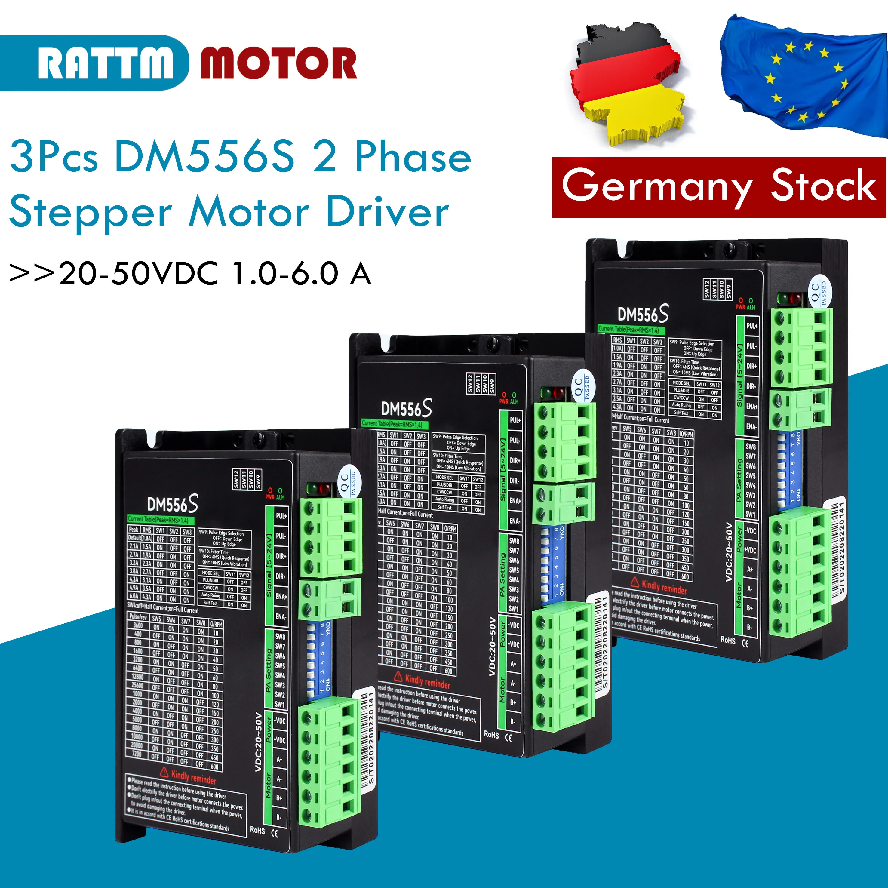 

【EU Stock】3Pcs DM556S 2 Phase Stepper Motor Driver 20-50VDC 1.0-6.0 A Stepper Motor Controller for Nema17 Nema23 Nema24
