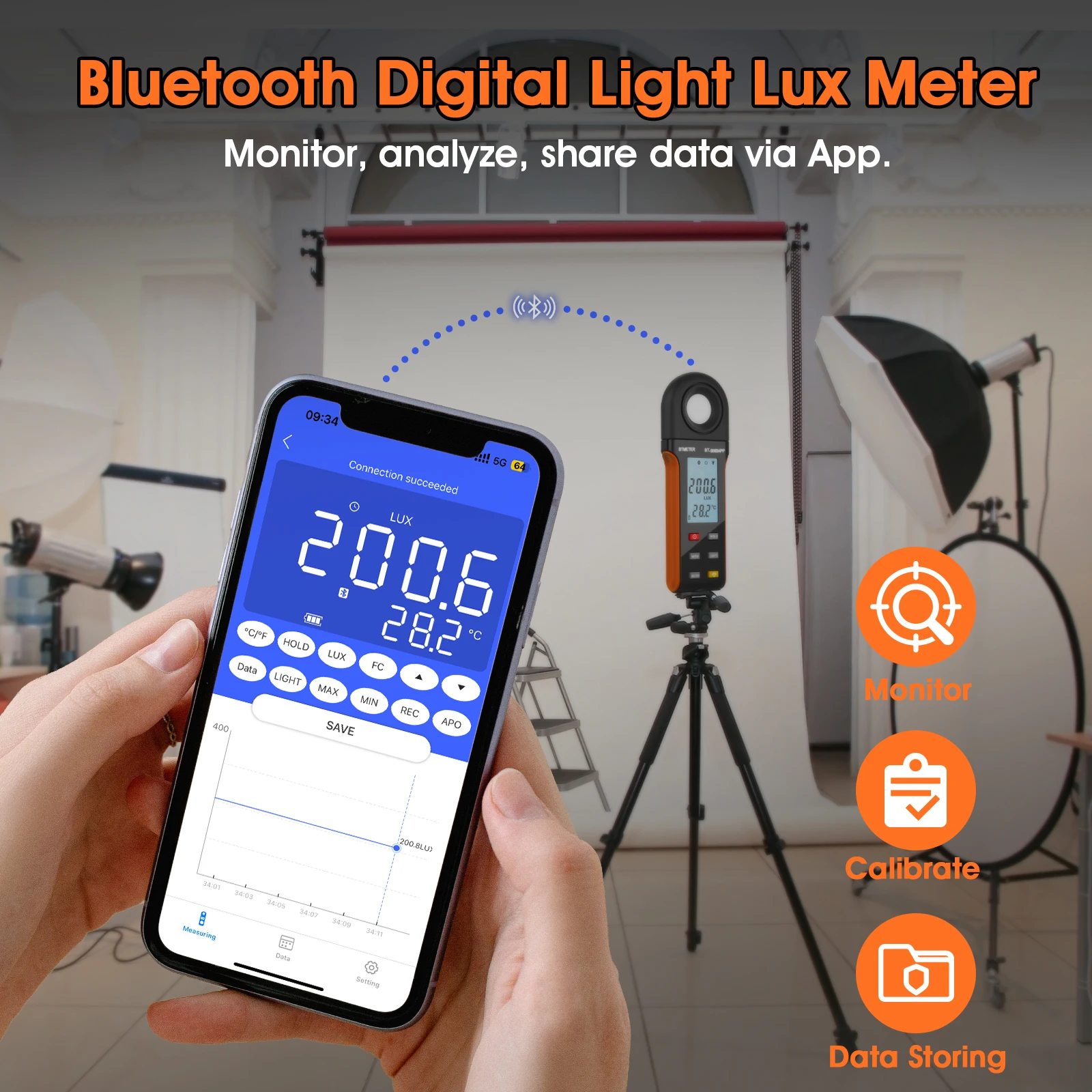Фото Портативный цифровой люксметр 5000APP с Bluetooth и приложением, измеритель освещенности 400000 люкс, тестер освещения с ЖК-дисплеем №3