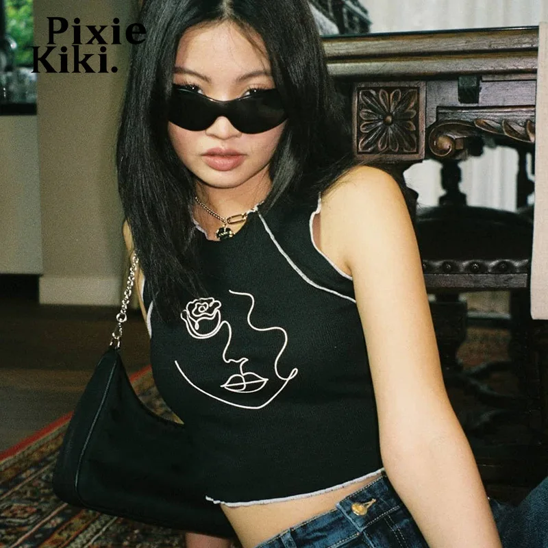 

PixieKiki милые Y2k топы с портретным принтом черная Облегающая майка Модная уличная одежда без рукавов графическая футболка