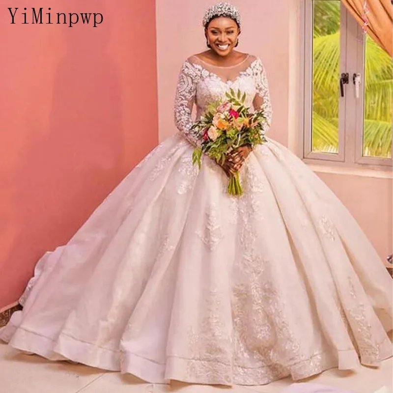 

Princess Ball Gown Wedding Dreses for Bride 2022 Boat Neck Long Sleeve Appliques Bridal Gowns vestidos de novia Customized