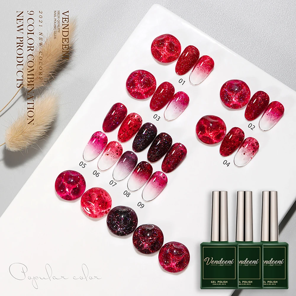 Vendeeni 9 цветов/набор блестящий красный гель-лак для ногтей Soak Off UV LED блестки