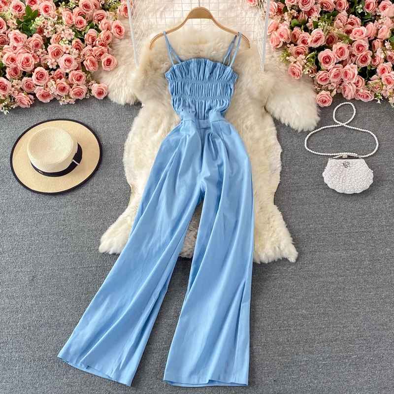 Summer Women Denim Romper Sexy Strapless Draped High Waist Jumpsuits Female Black/Blue Wide Leg Spaghetti Strap Rompers Fashion