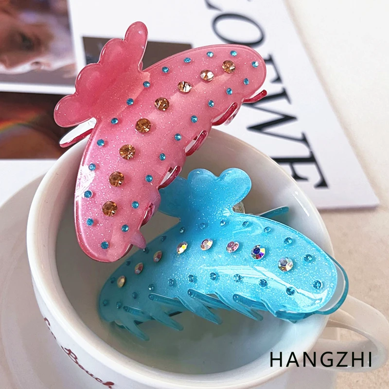 

HANGZHI Blue Pink Glitter Acetate Hair Claw Colored Zircon French Vintage Shark Grab Clip For Women Girls Party Hair Accessories
