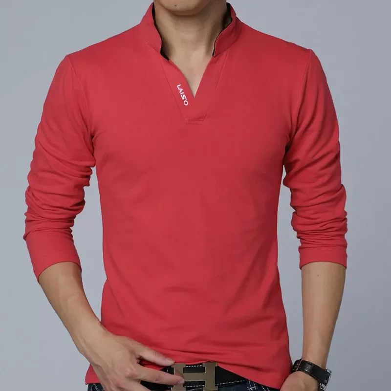 

NEW IN Fashion Mens Tshirt Cotton T Shirt Men Solid Color Tshirt Mandarin Collar Long Sleeve Top Men Brand Slim Fit Tee Shirts 5