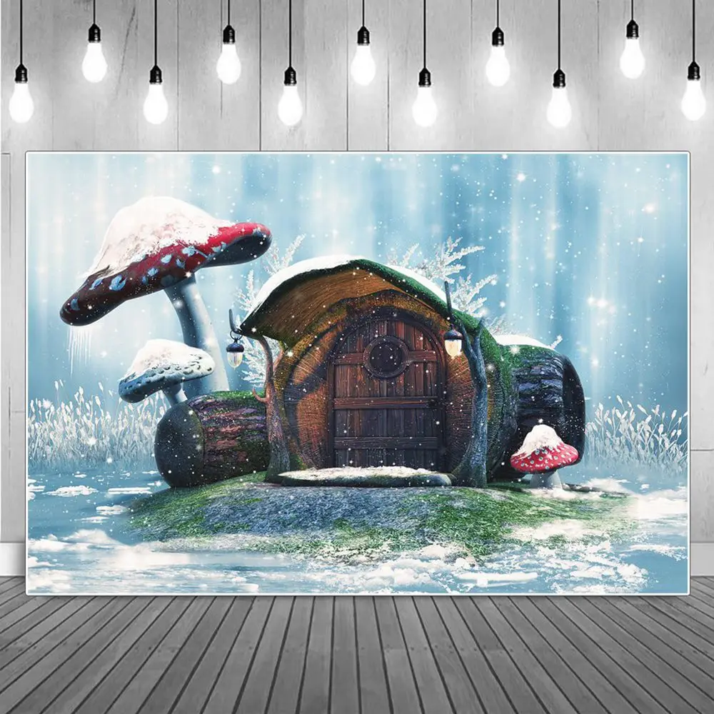 

Fairy Tale Forest Mushroom Photography Backgrounds Dreamy Wonderland Falling Snow Wooden Backdrop Photographic Portrait Props