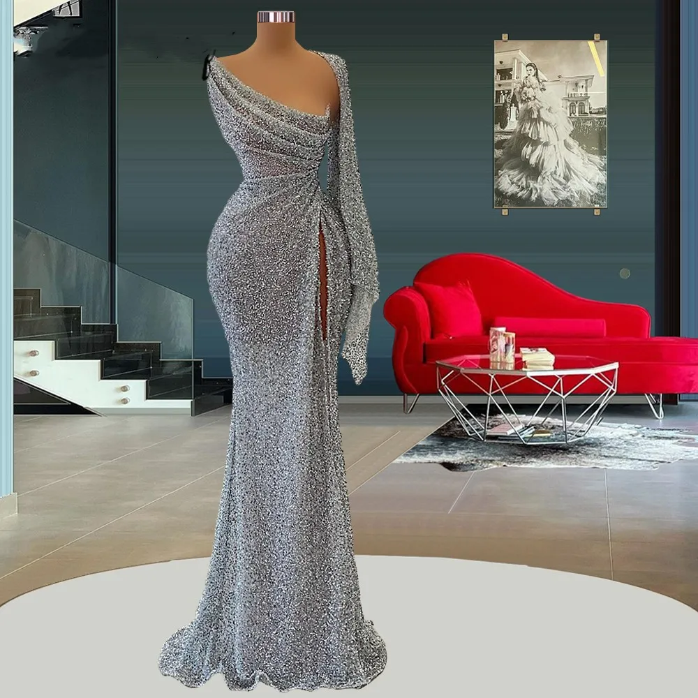 

Silver Sparkly Beaded One Long Sleeve Evening Dresses Elegant Pageant Dress for Women Robes De Soiree Cocktail Dresses