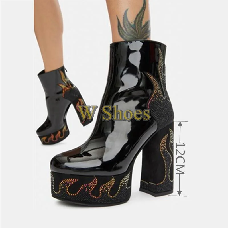 

Flame Black Platform Chunky Heel Booties Back Zipper High Heels Boots Women Block Heel Shoes Large Size Winter Spring Autumn