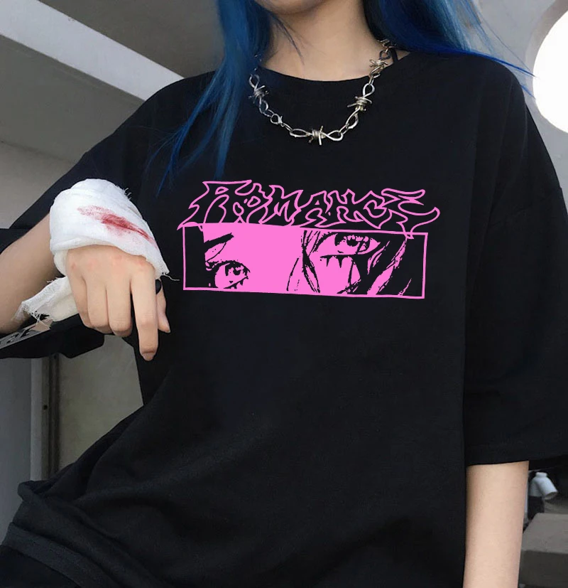 

Japan Vintage Anime Cartoon T Shirt Women Clothes Gothic Tshirt Streetwear Print Loose Tops Korean Summer Black Oversize T-shirt
