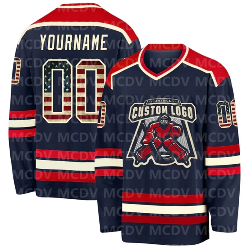 

Custom Navy Vintage Flag Cream-Red Hockey 3D Print You Name Number Youth Women Ice Hockey Jersey Competition Training Jerseys