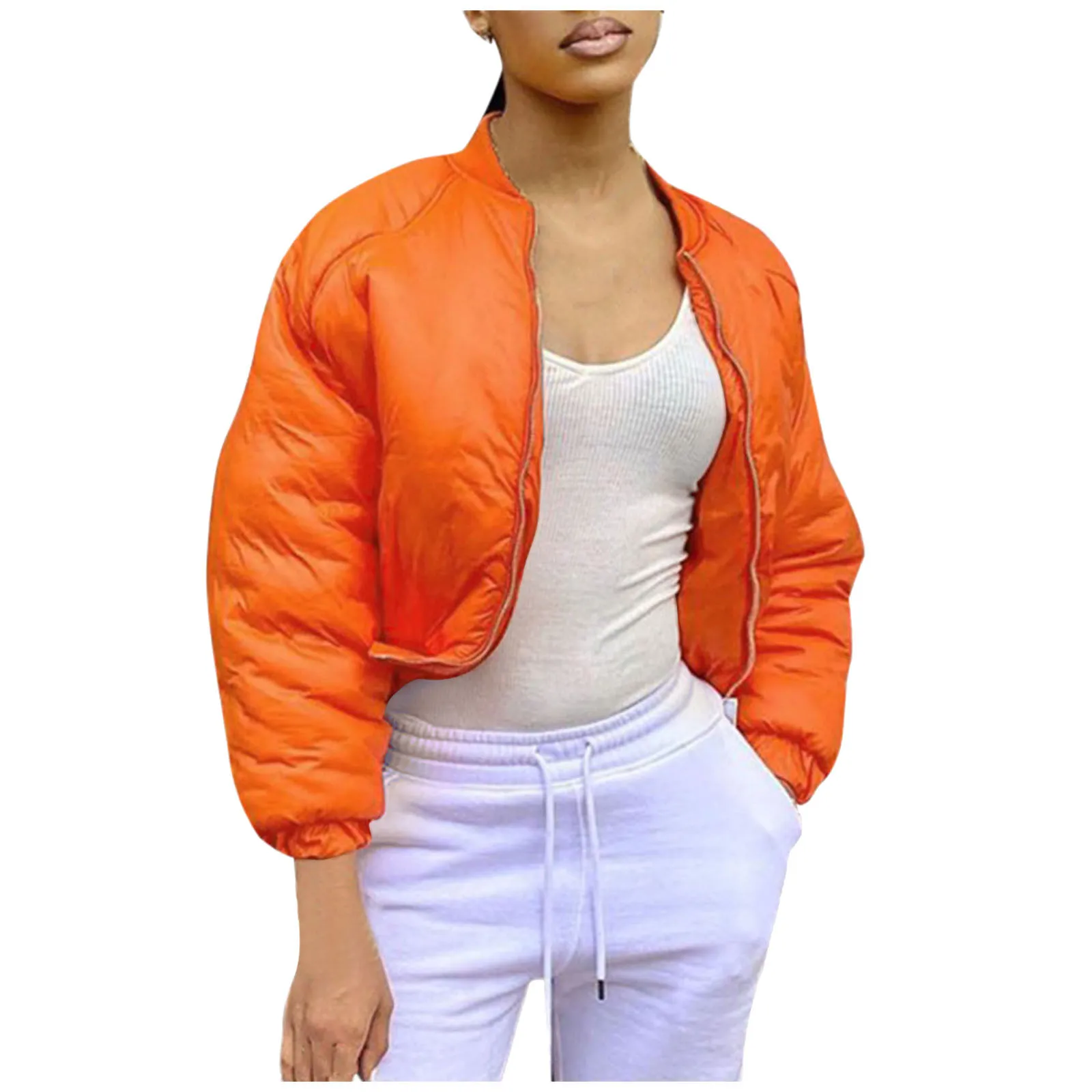

Short Collar Jacket Color Long 2021 Padded Stand And Sleeve Solid New Winter Jacket Autumn Zipper down jacket female winter 2022