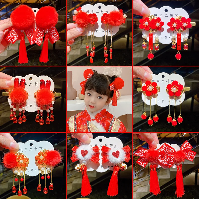 Baby Hair Accessories New Year Gift Chinese Style Red Tassels Girl Bows Hairpin Cute Child Fashion Handmade Bowknow Barrettes