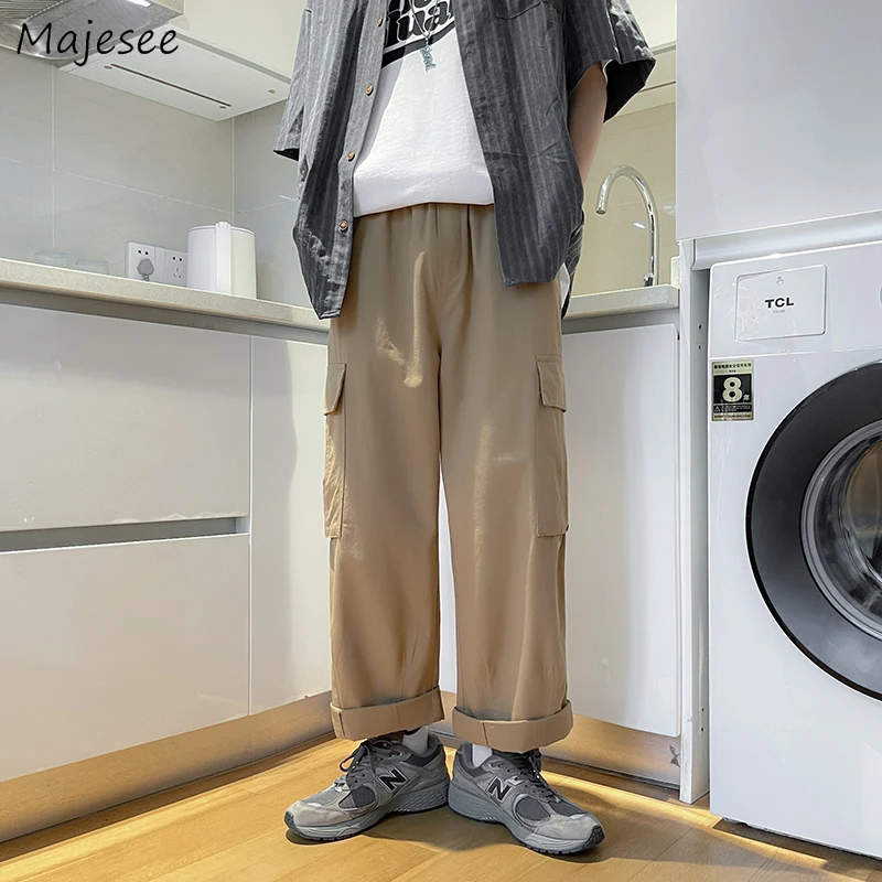 

Pants Men Casual Solid Simple Cargo Trouser All-match Loose Summer High Street Fashion Teens Hosen Popular Elastic Waist Pockets
