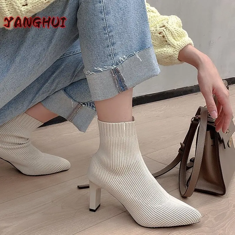 

2022 Sets of Mouth Pointed Elastic Boots Women's Temperament Sexy High-heeled Shoes Warm Versatile Elegant Oversize Shoes Botas