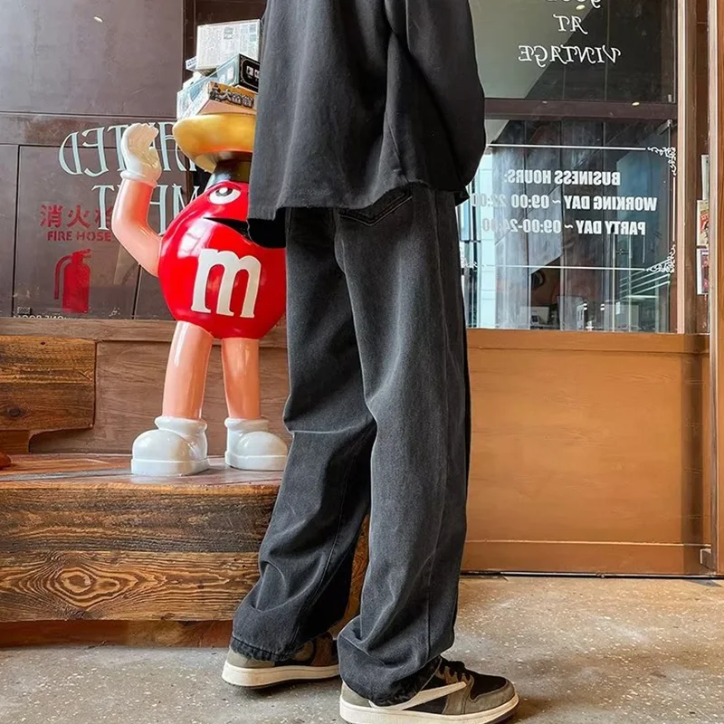 Streetwear Men 2022 New Style Vintage Splicing Recreational Blue Jeans Loose Straight Cylinder Broad Leg Trousers Autumn Female