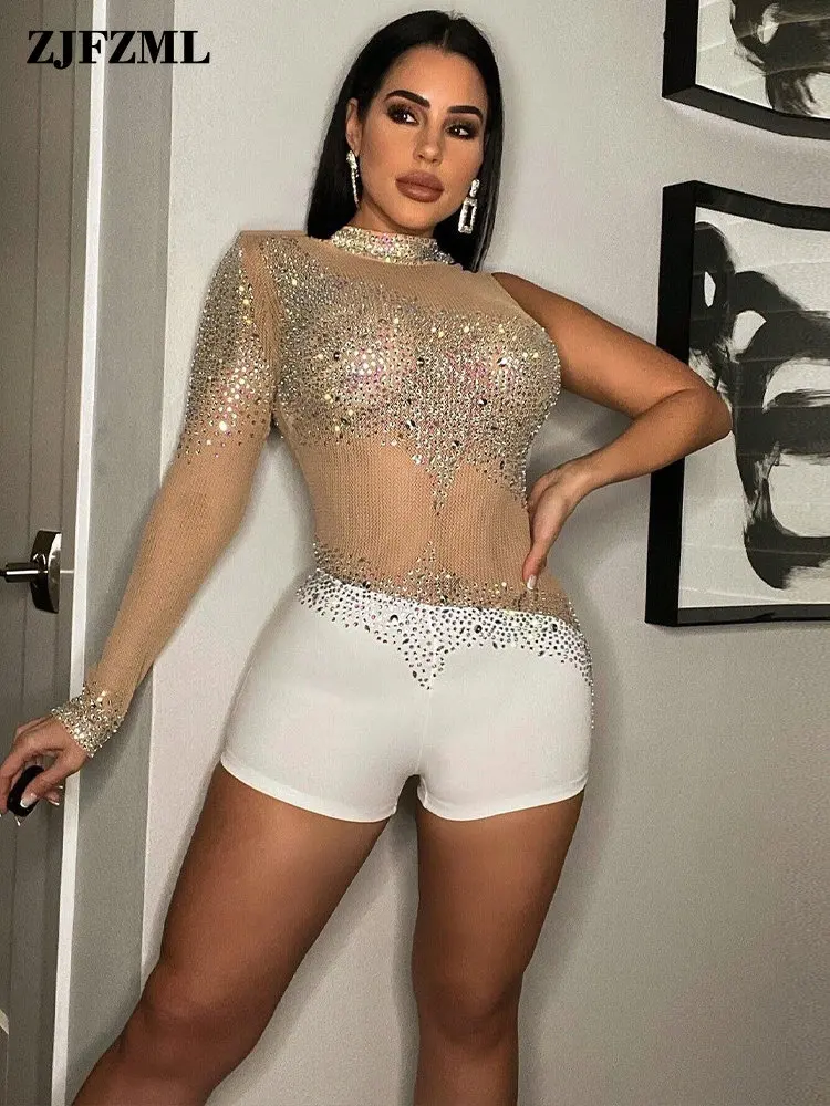 

Glitter Rhinestones Party Clubwear Playsuit Elegant Women Black Single Sleeveless Jumpsuit Vintage Mesh See Through Bodysuits