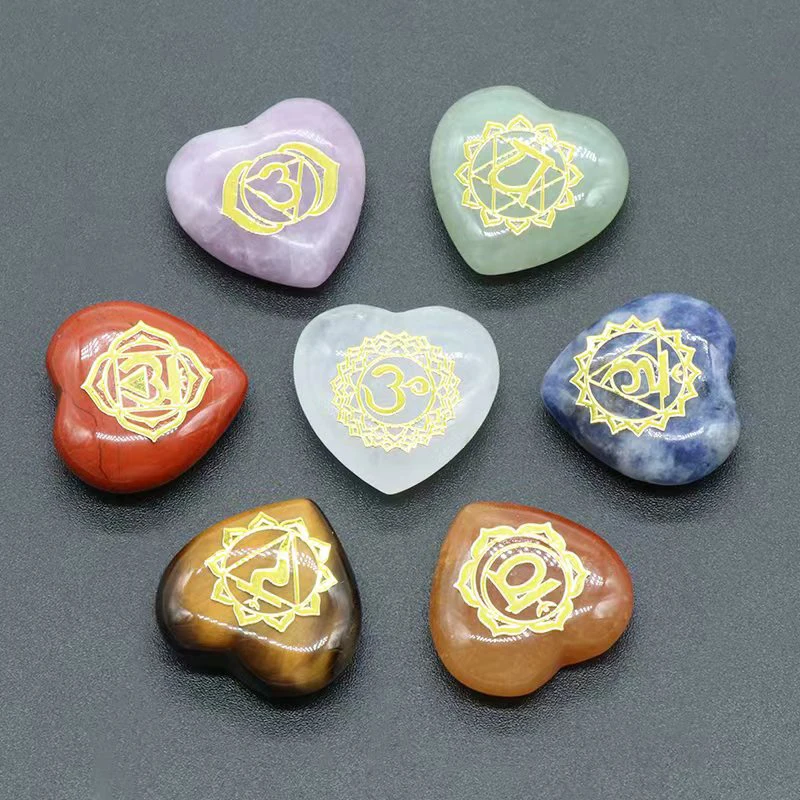 

7Pcs Heart Chakra Natural Crystal Stones Quartz Set Colorful Engraved Symbols Yoga Stone for Jewelry Making Reiki Healing