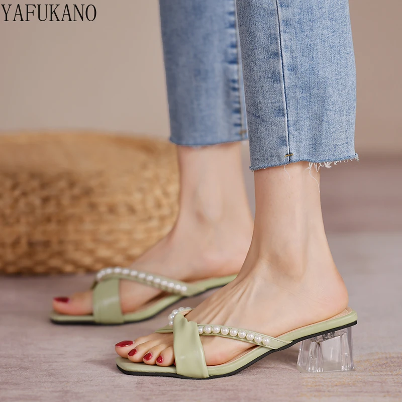 

Summer New Gentle Style Pearl Square Toe Cross Thick Heel Sandals French Temperament Clear Crystal Heel Slippers Mid Heel Slides