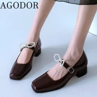 agodor patent leather mary janes pearl pumps for women shoes square low heel shoes square toe pumps burgundy uniform shoes