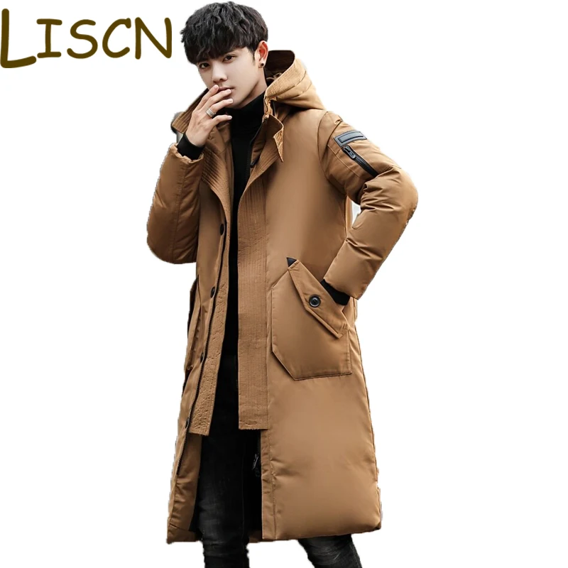 Men Winter Long Down Jacket Men New Korean Fashion Waterproof Loose Hooded Down Jacket Black Soft Shell Down Jacket For Men