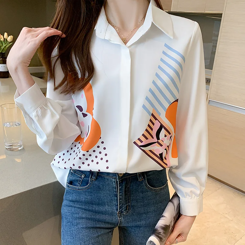 Contrast color floral shirt three-quarter sleeve bow strap top new 2022 autumn chiffon shirt Casual  Floral  Floral   Bow