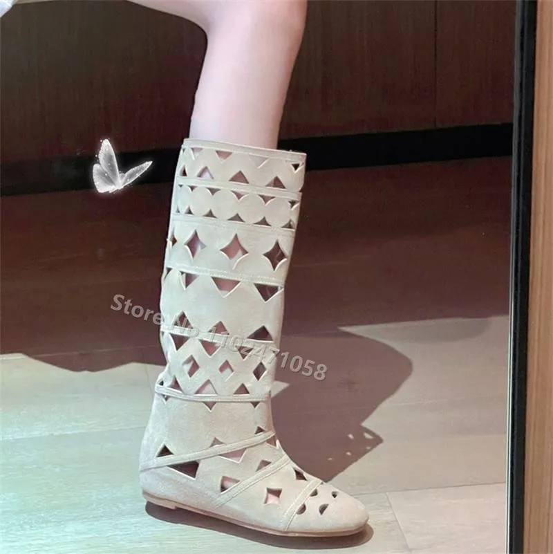 

Bohemian Style Geometric Patterns Hollow Out Round Toe Flats Knee Hight Boots Height Increased Women Summer Cool Long Boots