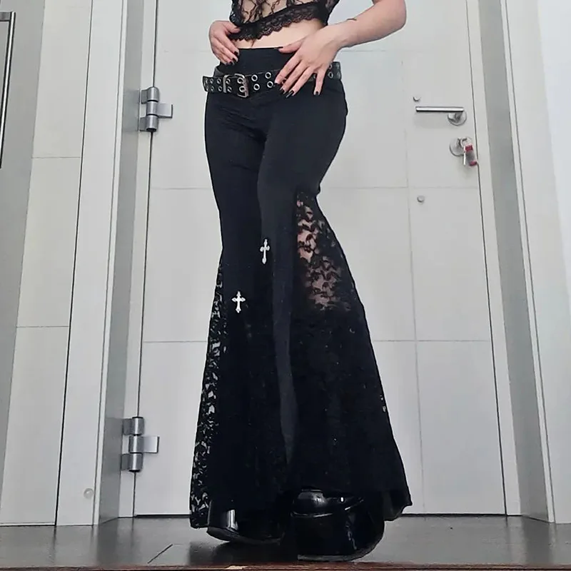 

Женские расклешенные брюки Goth Mall, черные кружевные винтажные брюки с высокой талией в стиле Харадзюку, хиппи панк, гранж, уличная одежда, Y2k