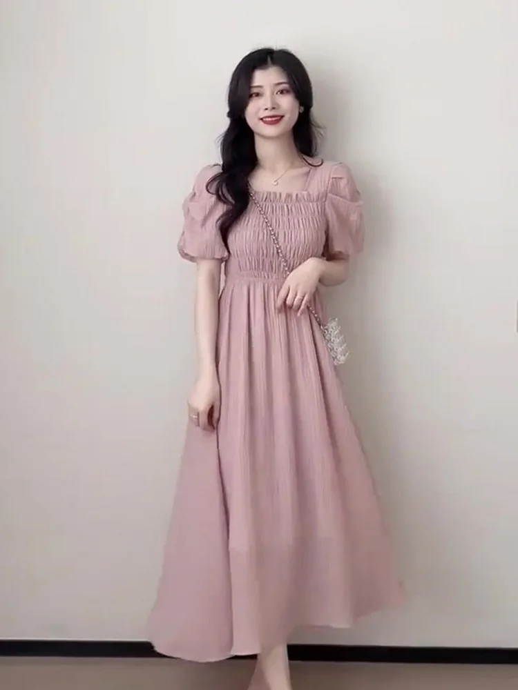 Lotus Root Pink Dress for Women Adult Summer Daily Milk Breathing Long Dress with Folded Waist and Slim Weight for Girls