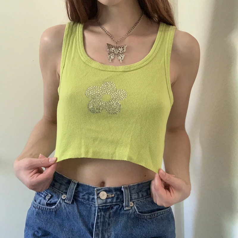 

Майка женская с принтом, милый укороченный топ со стразами, винтажный облегающий жилет без рукавов, в стиле гранж Fairycore, Y2K, летняя уличная од...