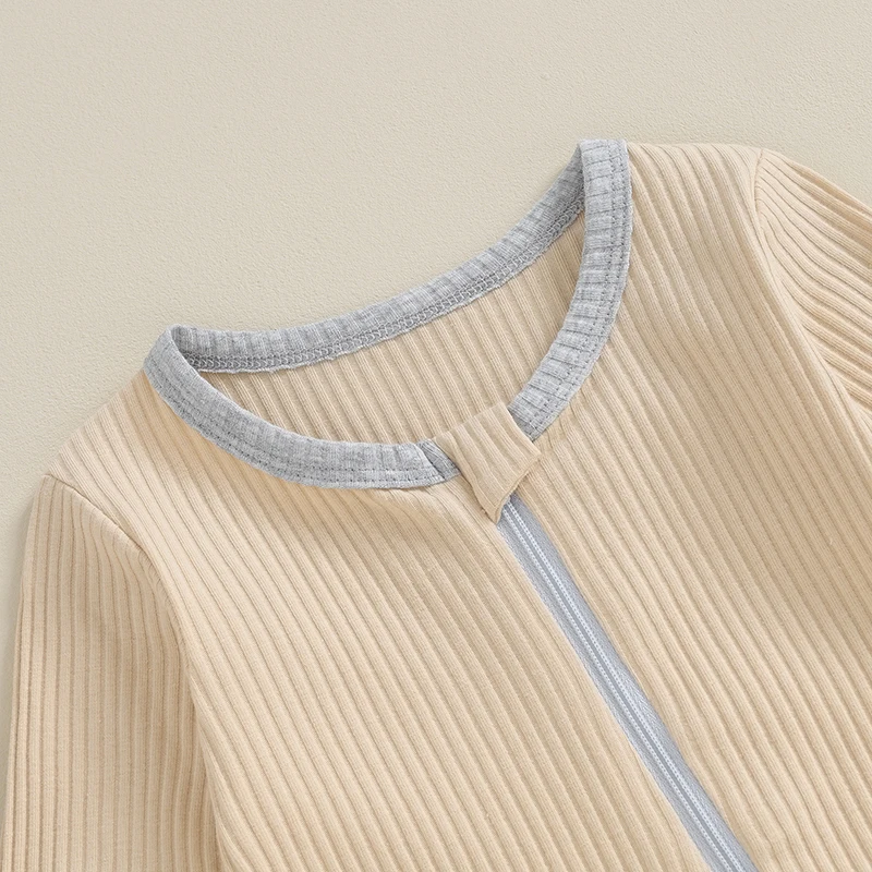 

Baby Ribbed Jumpsuits Newborn Girls Boys Casual Contrast Color Round Neck Rompers Infant Zipper Long Sleeve Bodysuit