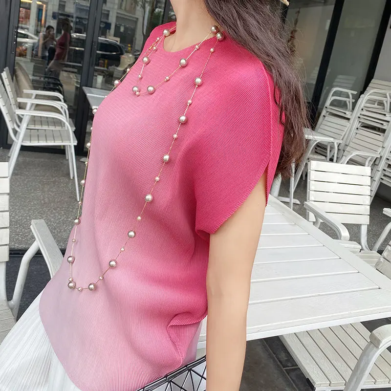 

Fashion pleated PP new gradient gown female short sleeve 2022 summer print round neck T-shirt loose large size small shirt