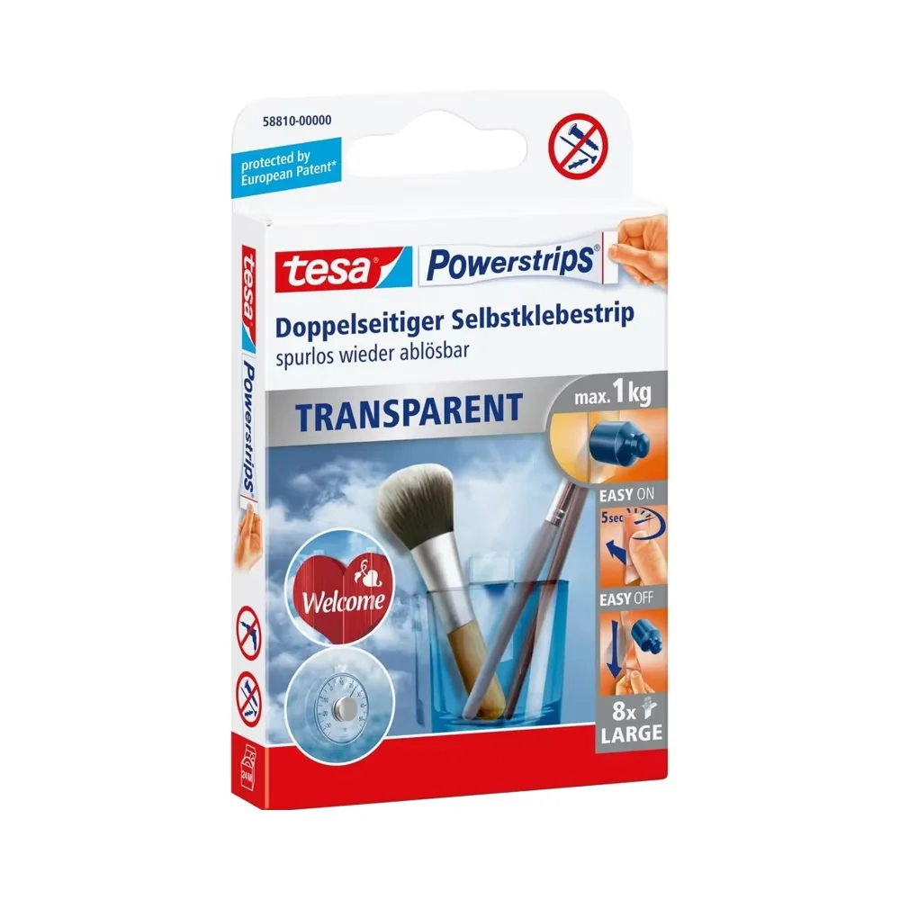 

Tesa Powerstrips Прозрачные/прозрачные съемные самоклеящиеся полоски для подвешивания картин или плакатов — 8 полосок