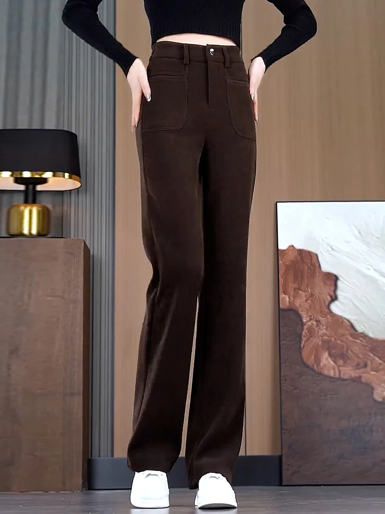 Плюс размеры вельветовые прямые брюки из синели на флисовой подкладке женские