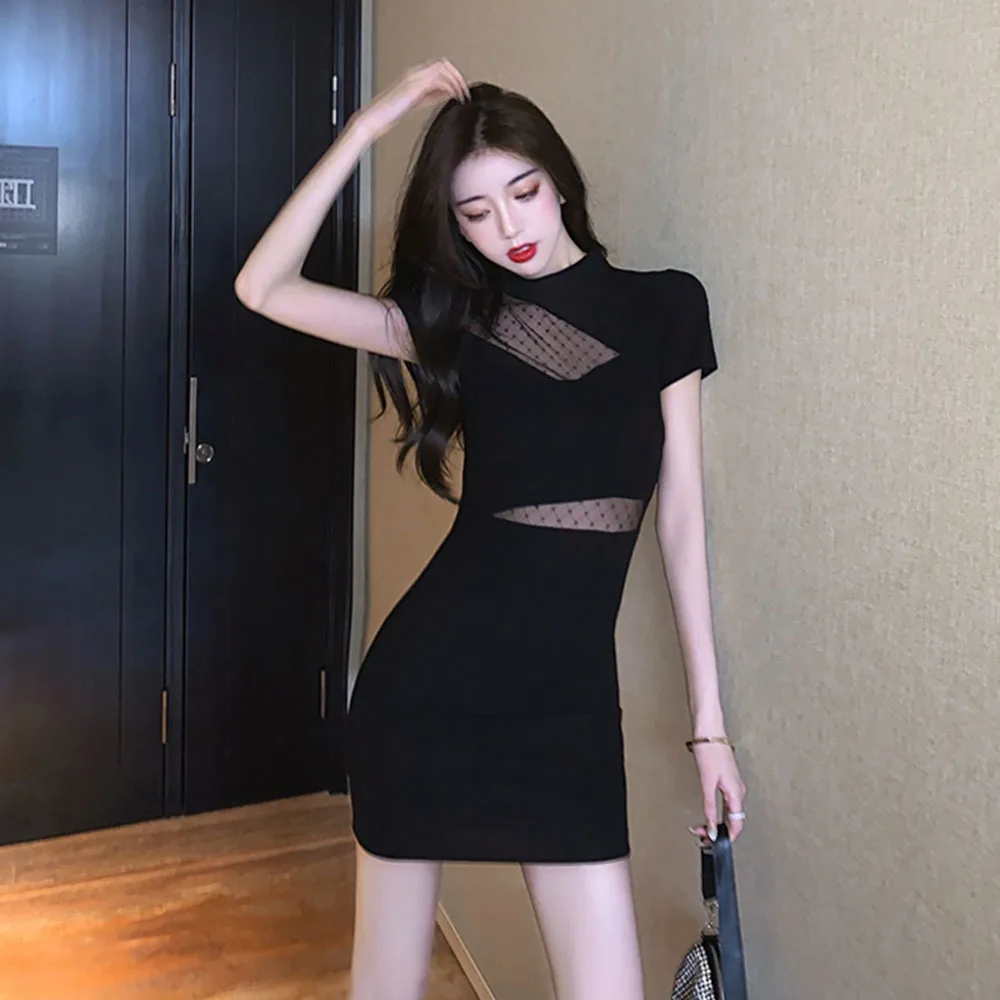 

Женское Сетчатое платье с вырезами, соблазнительное облегающее мини-платье с коротким рукавом, Клубное черное платье для танцев, новинка 2022