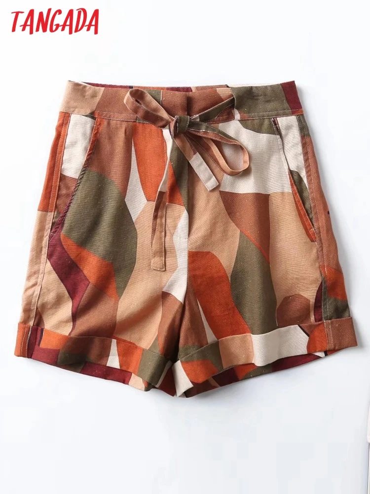 

Tangada women vintage floral linen shorts with belt zipper pockets female retro casual shorts pantalones 4C72