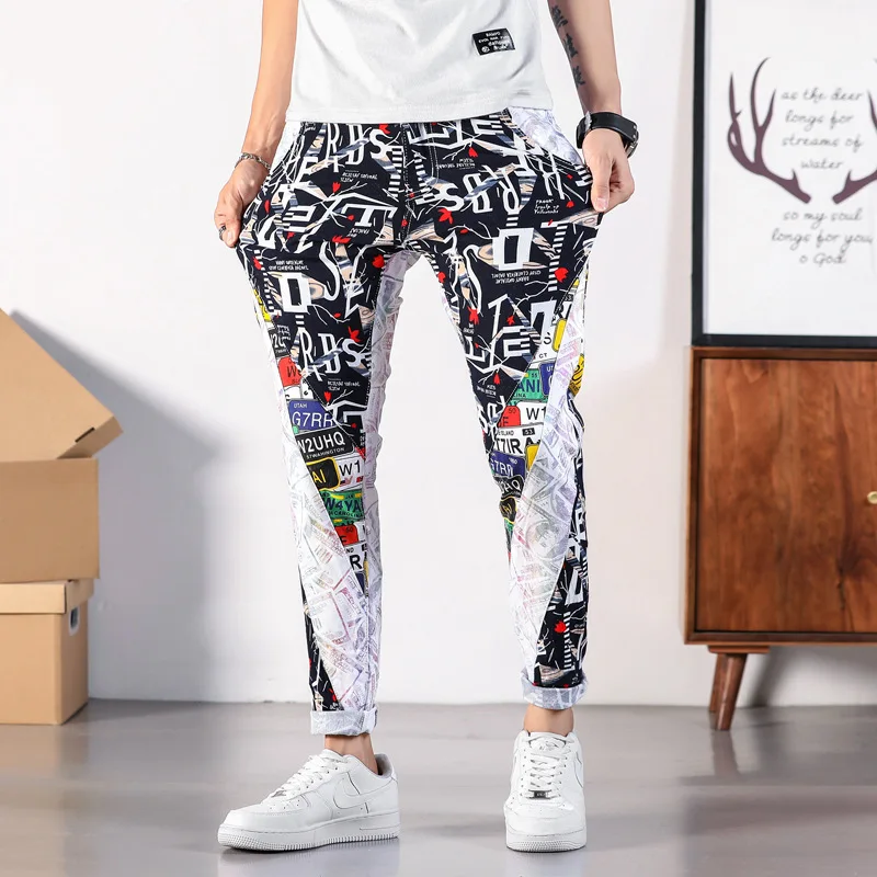 2023 New Men's Personalized Printing Fashion Brand Jeans Men's Slim Fit Panels Elastic Graffiti Fashion Cotton Pants