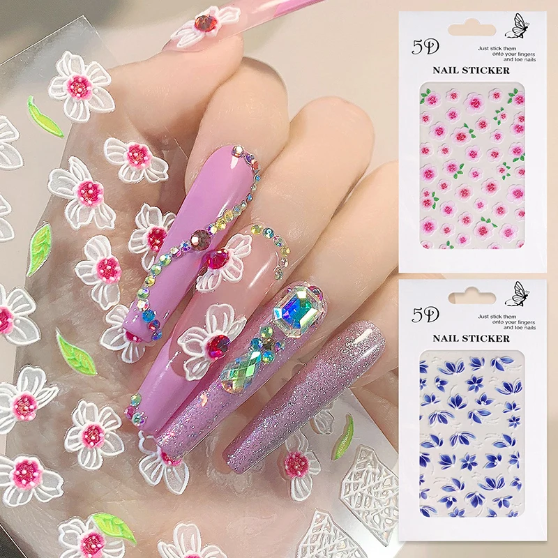 

5D Charms Embossed Flower Lace Nail Stickers White Engraved Design With Textured Slider Decals for Manicure Nail Art Decoration