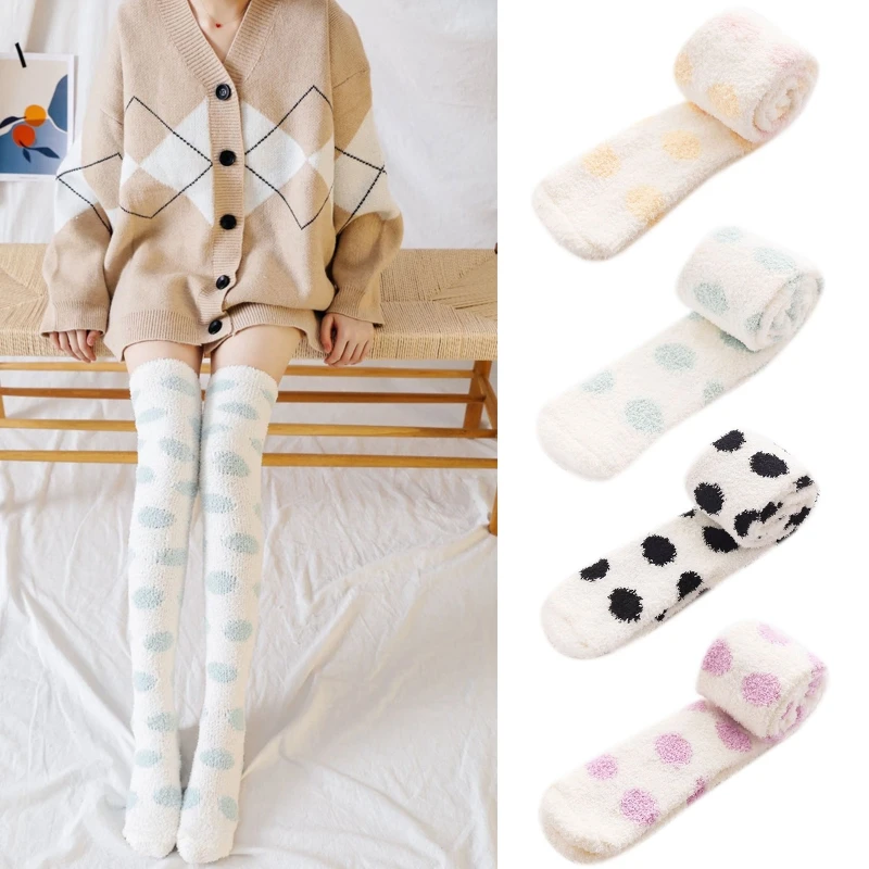

Женские зимние теплые бархатные Гольфы выше колена, милые чулки карамельных цветов в горошек, пушистые плюшевые чулки до бедра