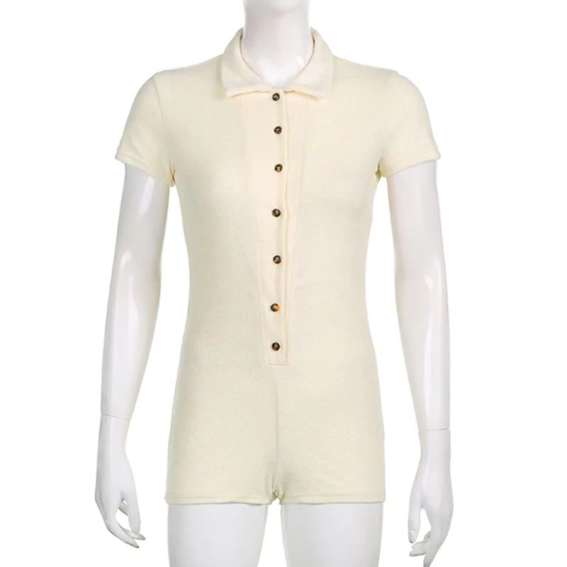 

Vintage Solid Button Up Bodycon Bodysuits Women Fashion Aesthetic Playsuit Short Sleeve Romper Jumpsuits Summer Sexy Jumpsuit