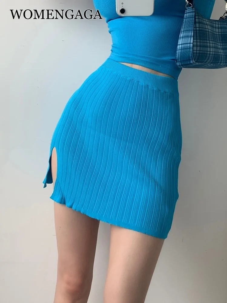 

2022 Women's Summer New Knitted High-waist Elastic Slim Thin Sexy Split Skirt Blue Sheath Pencil Sexy Mini Skirt Girl Female E33