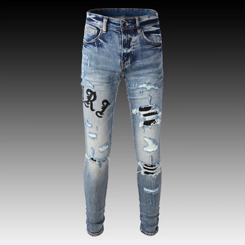 American Street Style Fashion Men Jeans Retro Blue Elastic Slim Ripped Jeans Men Brand Patch Designer Hip Hop Denim Punk Pants