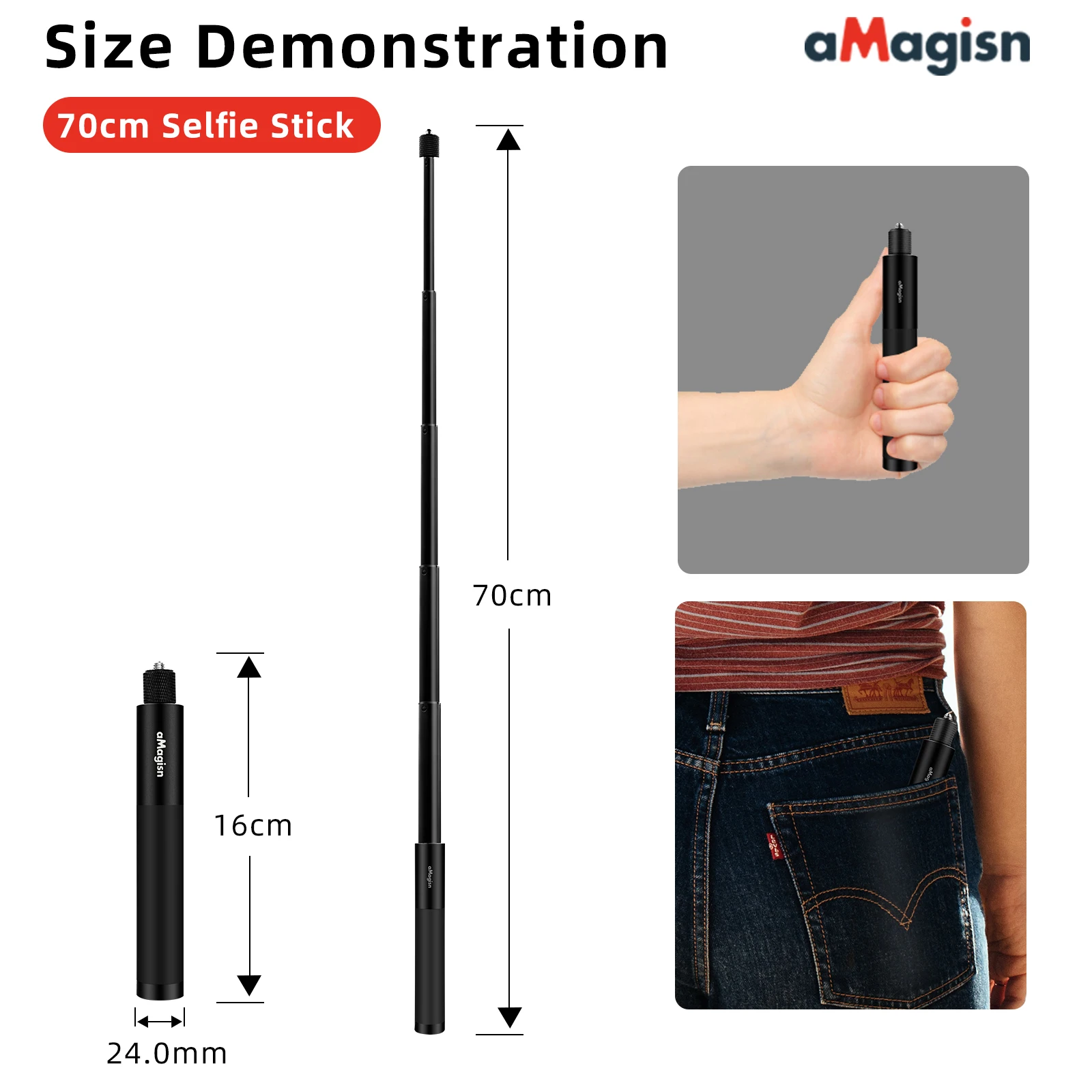 Фото aMagisn 1/4'' Selfie Stick  Шаровая головка / алюминий / углеродное волокно  Выдвижной телескопический шест  для Gopro DJI Insta360 X4 X3 Ace Pro 2 №3