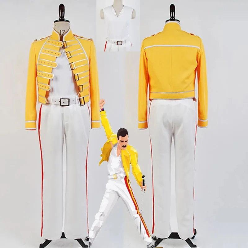 Queen Lead Vocals Freddie Mercury Cosplay Costume Yellow Jacket Pants Adult Men Outfit Uniform Cosplay Halloween Carnival Costum