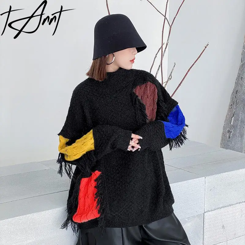 

Tannt Women Sweater Tassel Patchwork Asymmetry Turtleneck Oversize Pullover Sweaters Color Matching Knitting Tops Long 2023 New