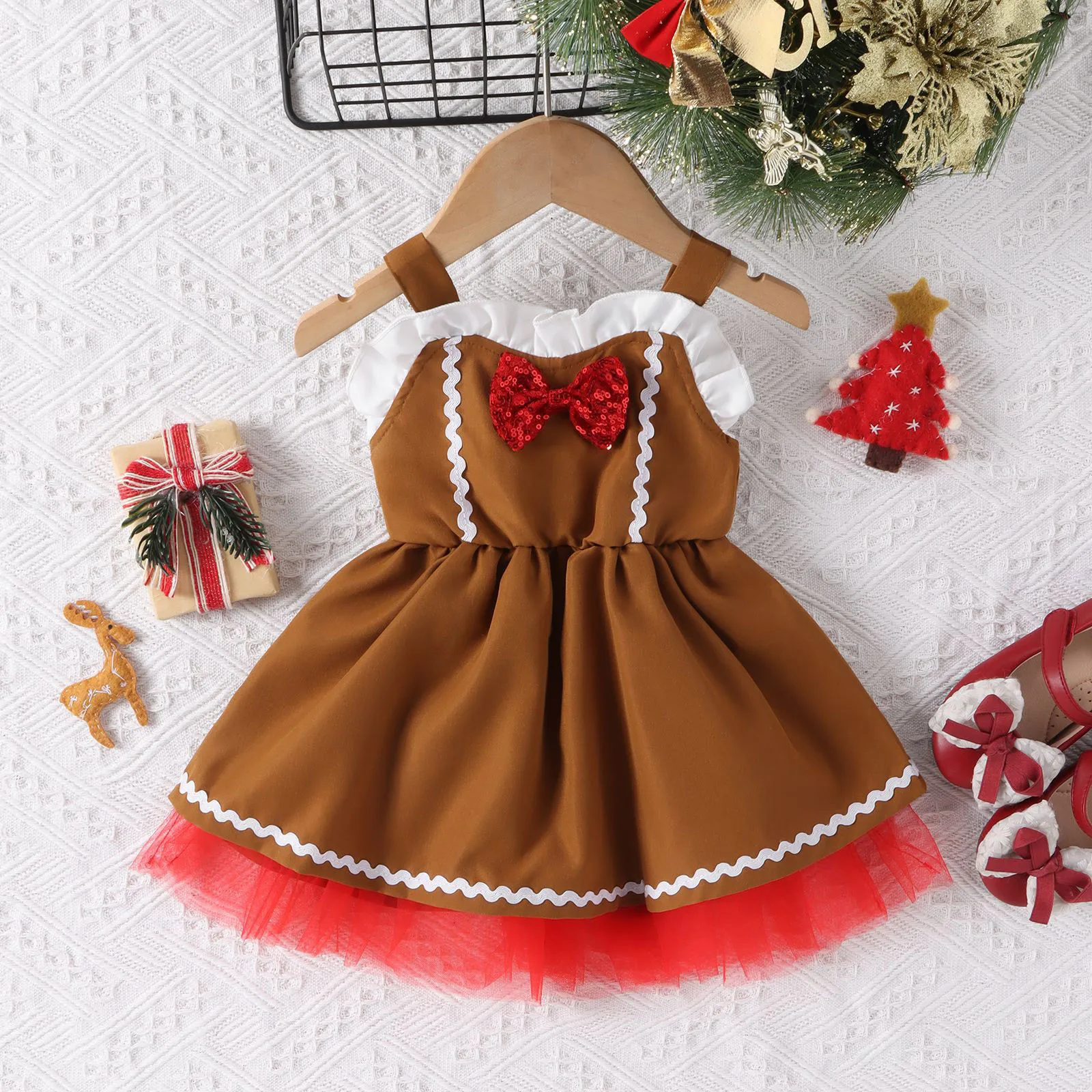 

0-5Y Toddler Girl Christmas Dresses Sleeveless Brown Deer Christmas Ruffles Bowknot Dress For Girls New Year Christmas Costume