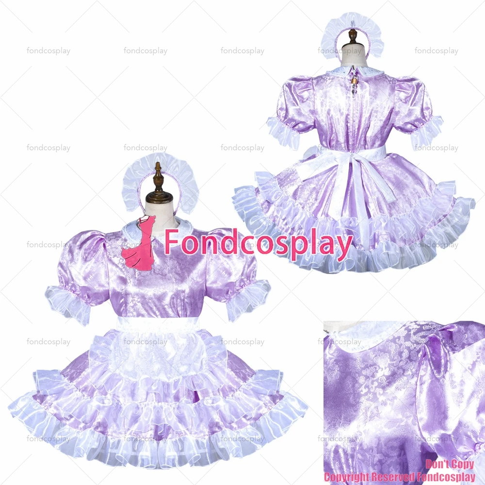 

tailor-made sexy adult dressing cross maid sissy short lilac satin dress lockable uniform white apron costume tv/cd[g3810]