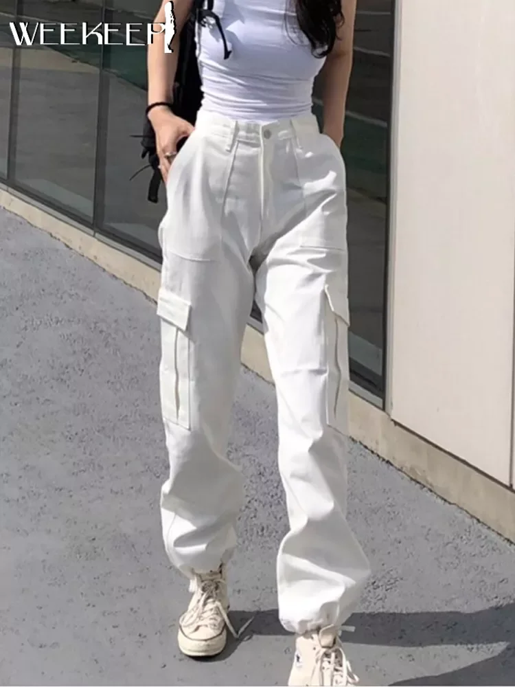 

Weekeep Y2k Button Pockets Patchwork Cargo Pants Women Streetwear High Waist Trousers Korean Fashion Casual Pencil Pants Joggers