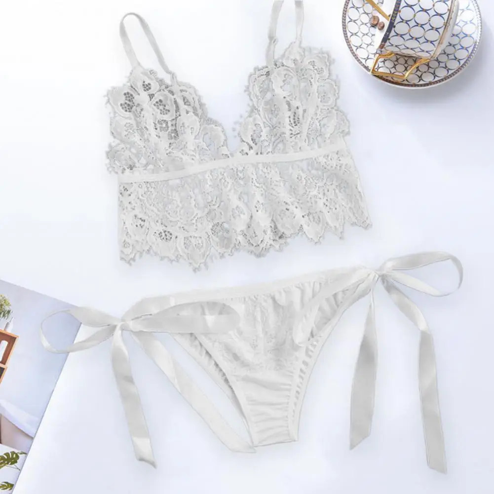 

Sexy Adjustable Straps Lace Up See-through Lace Women Bra Briefs Set for Bedroom