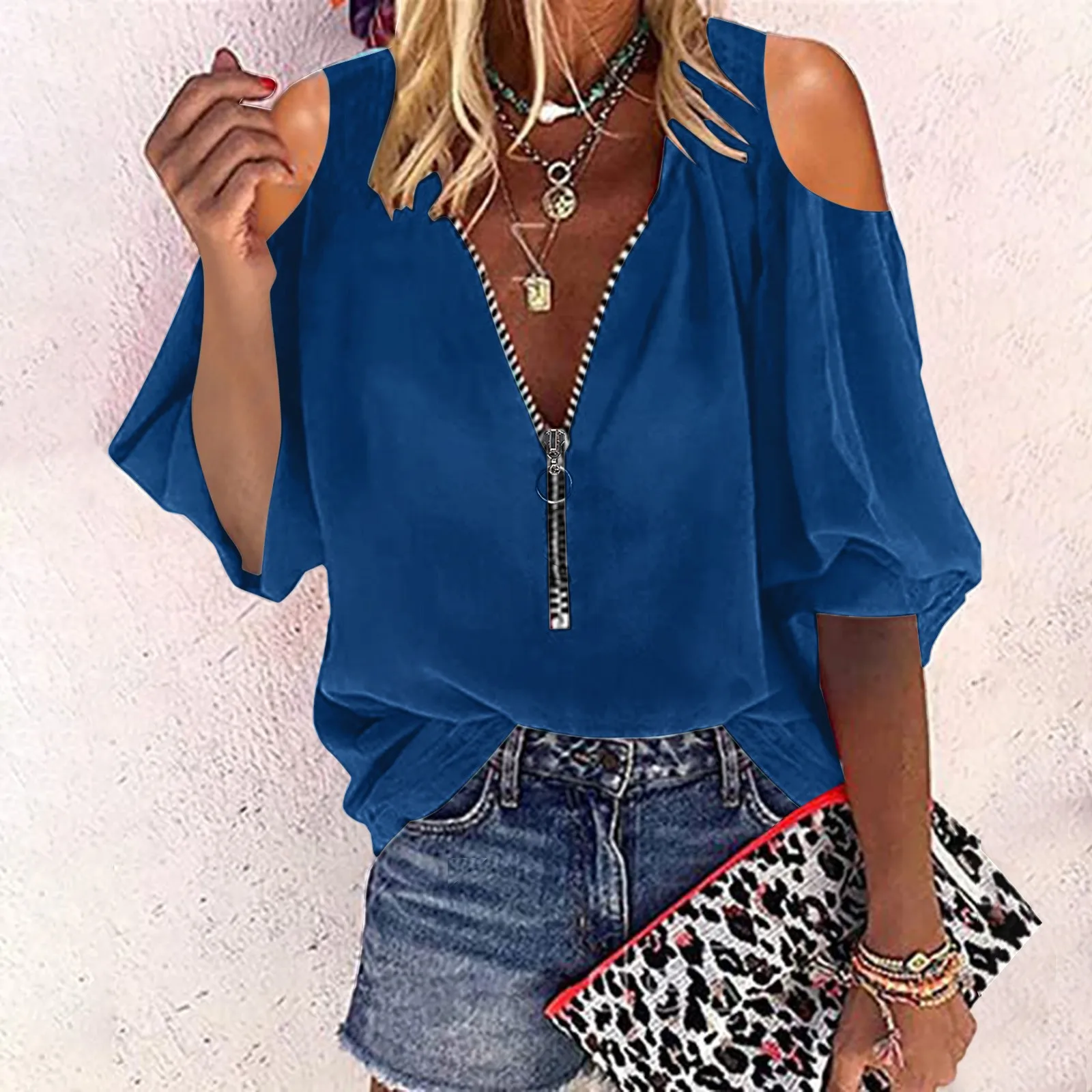 

Women Tunic Top Solid Color Zipper Color Top Shirts Half Long Sleeve Stretch V Neck Cold Weather Undershirt Women by by Tops