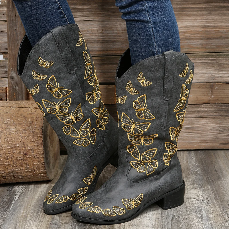 

Женские кожаные ботинки ручной работы, однотонные ботинки большого размера с острым носком, до середины икры, на квадратном каблуке